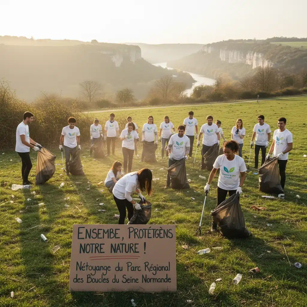 Jeunes bénévoles participant à une opération de nettoyage environnemental dans un parc français.