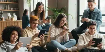 Jeunes lisant sur des appareils numériques, illustrant la préférence croissante pour la lecture digitale en France.