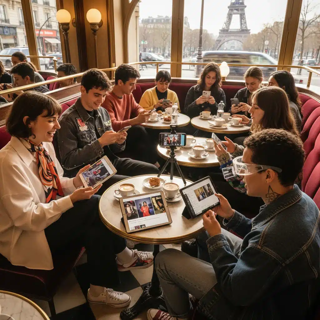 Jeunes Français interagissant avec les réseaux sociaux dans un café parisien, illustrant la consommation de contenu culturel.