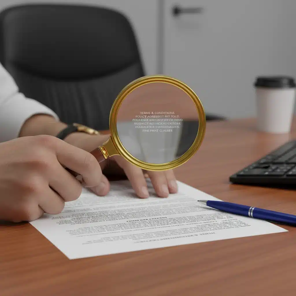 Main tenant une loupe sur un contrat d'assurance pour lire les petits caractères.