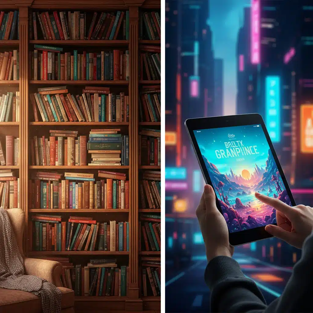 Comparaison entre livre physique et lecture sur tablette, symbolisant l'évolution des habitudes de lecture.