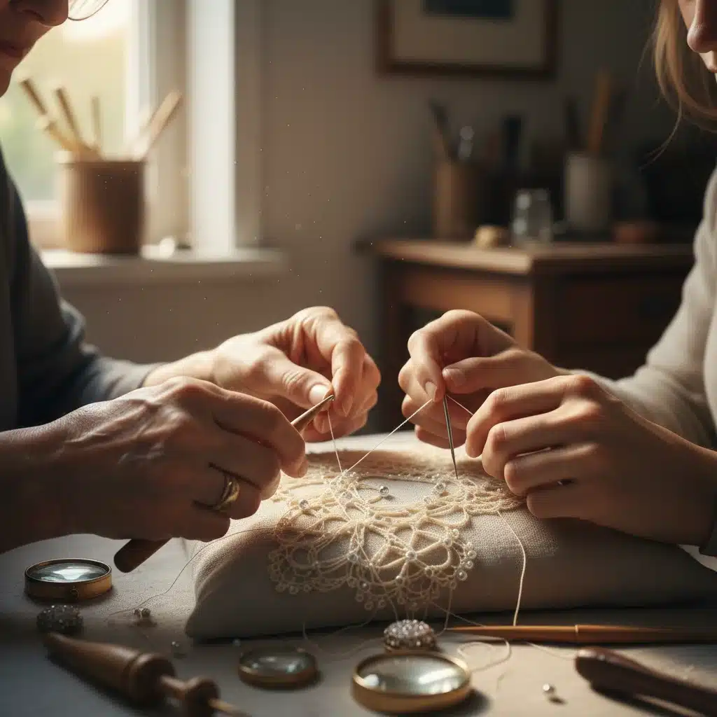 Mains d'un mentor et d'un apprenti travaillant sur une pièce d'artisanat délicate, illustrant le partage des compétences.