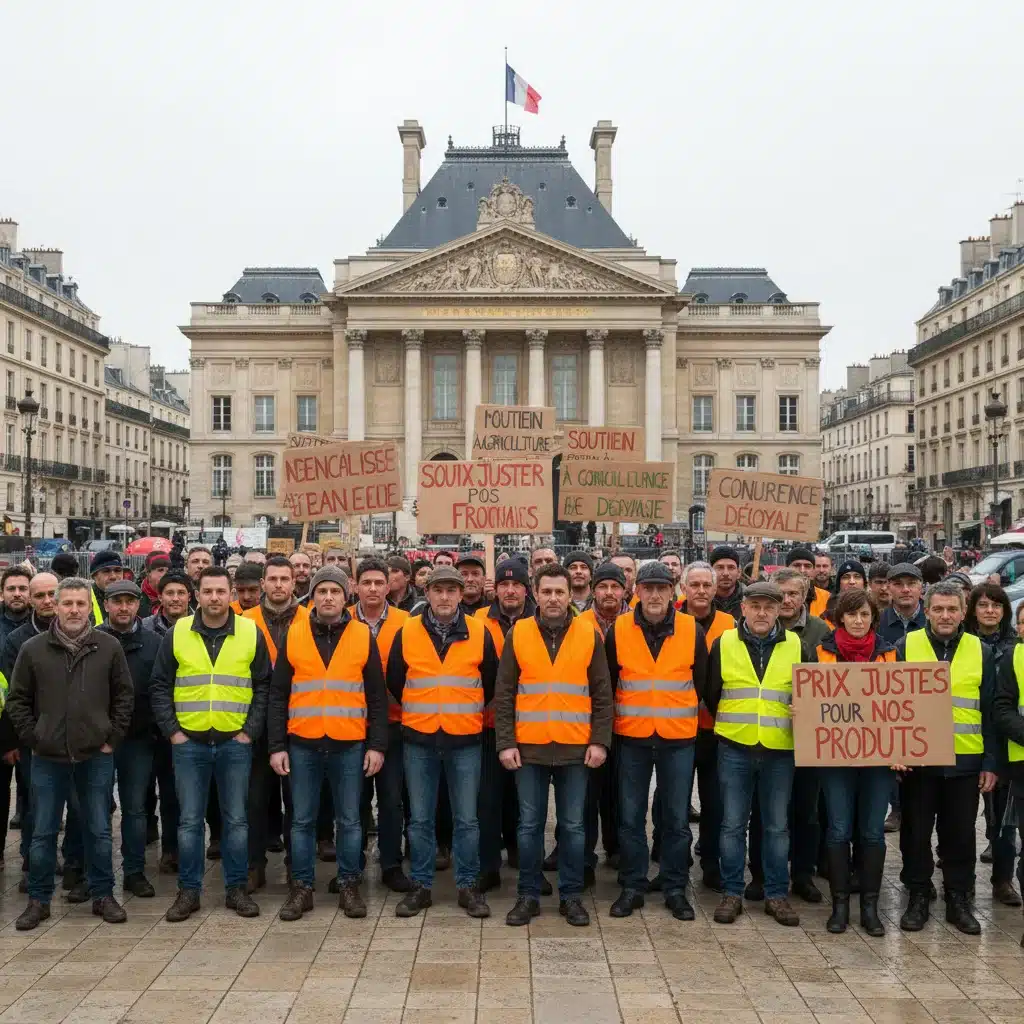 Manifestation d'agriculteurs devant un bâtiment gouvernemental, revendiquant de meilleures conditions.
