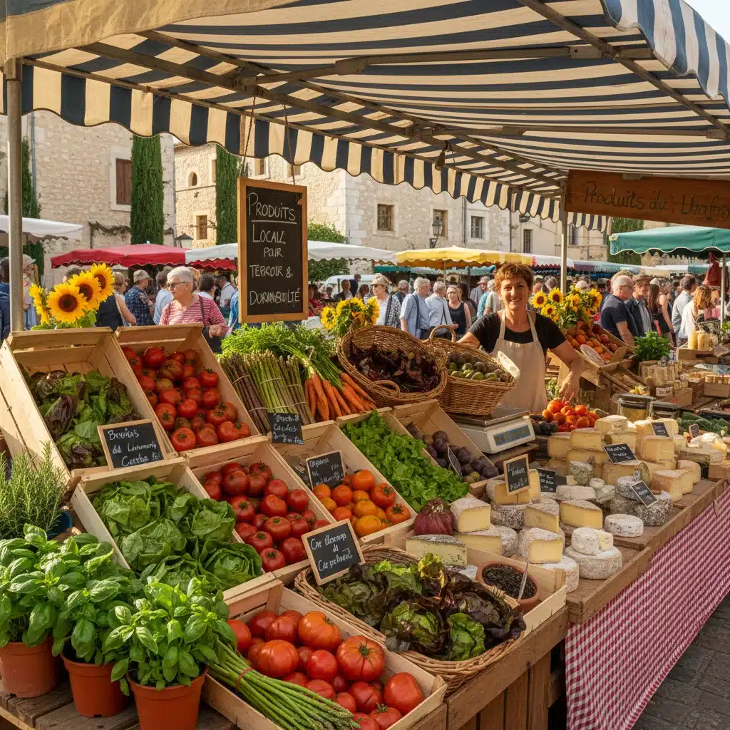 Étal de marché français avec produits locaux et de saison
