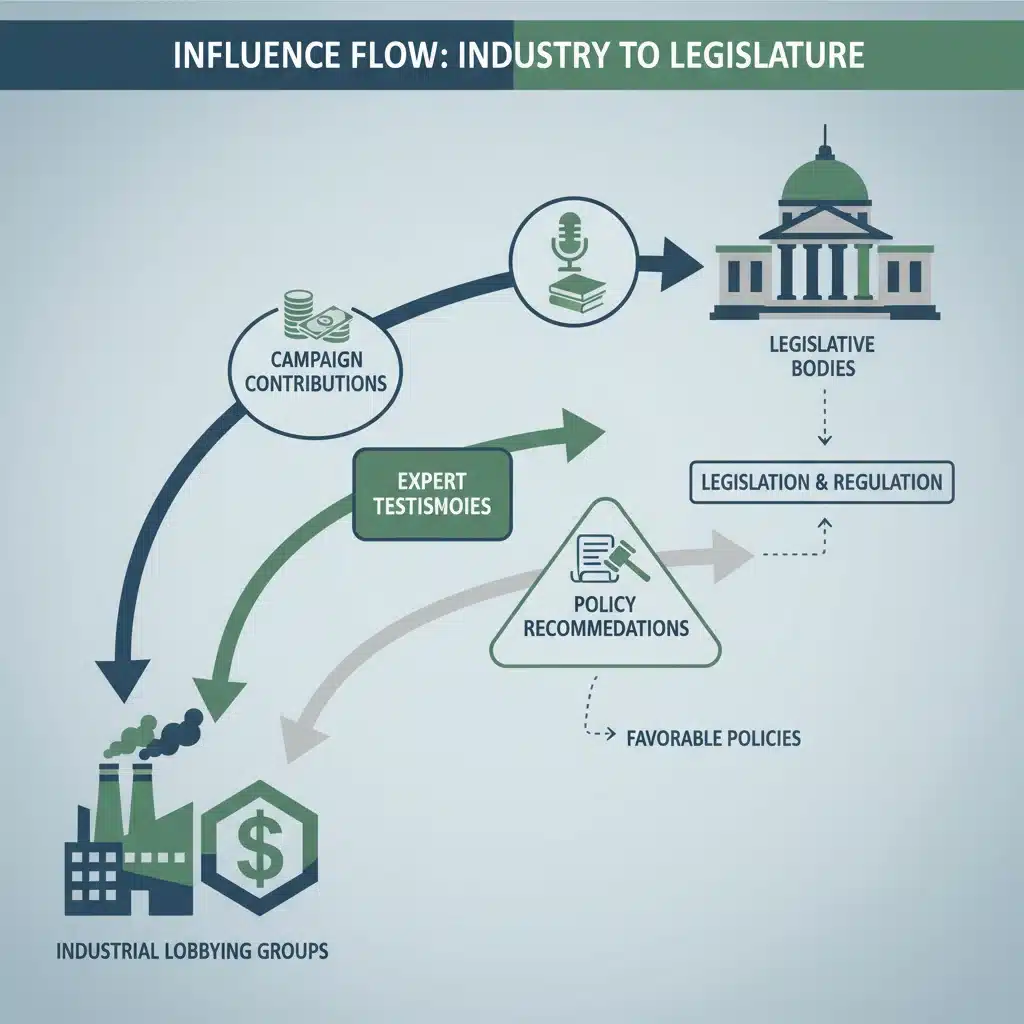 Infographie détaillant les mécanismes et le flux d'influence des lobbys sur les politiques environnementales.