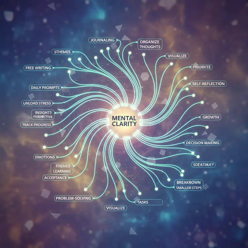 Abstract mind map illustrating organized thoughts and mental clarity achieved through journaling.