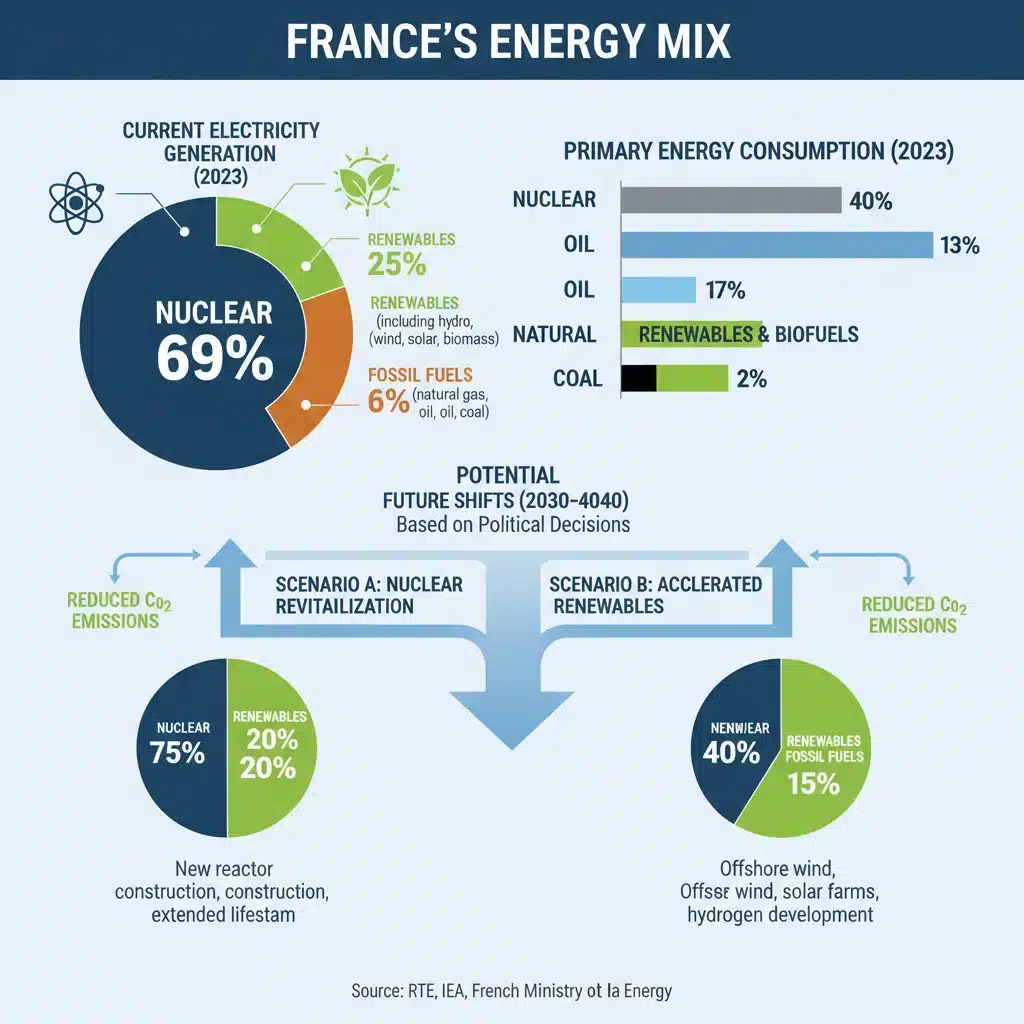 Infographie sur le mix énergétique actuel et futur de la France, avec des projections basées sur les politiques.