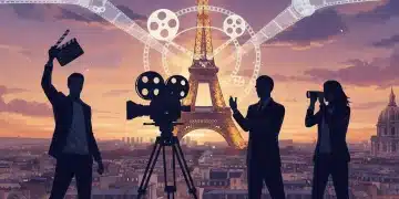 Quatre silhouettes de réalisateurs devant un panorama parisien au crépuscule, symbolisant la nouvelle vague du cinéma français en 2026.