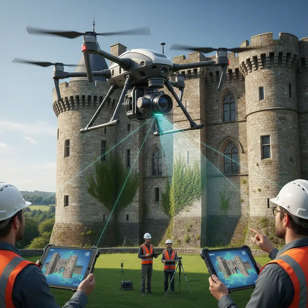 Drone équipé de caméras haute résolution et de technologie Lidar scannant la façade d'un château médiéval français, pour la numérisation 3D et la conservation prédictive.