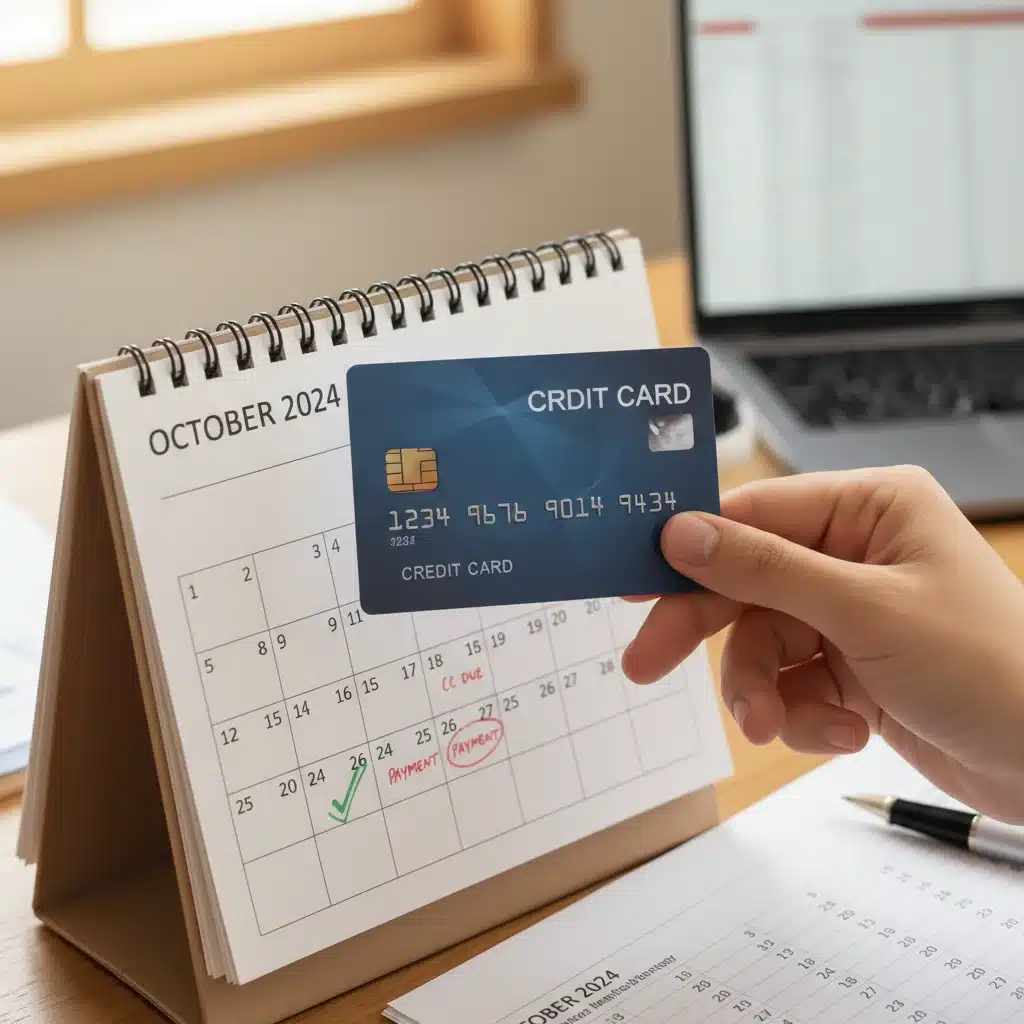 Hand holding credit card with a calendar showing on-time payments, emphasizing responsible credit use.