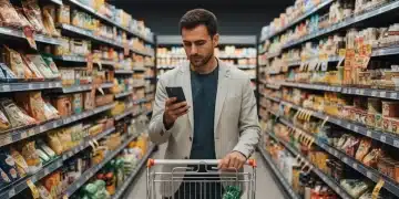 Personne regardant une liste de courses dans un supermarché pour optimiser son budget
