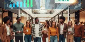 Consommateurs américains optimistes dans un centre commercial moderne, symbolisant la confiance économique en janvier 2026.
