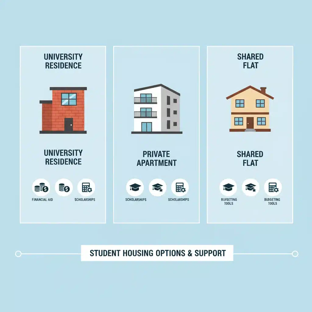 Infographie montrant les différentes options de logement étudiant et les aides financières disponibles.
