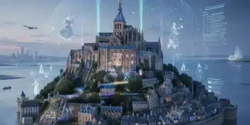 Illustration futuriste d'un monument historique français avec des projections holographiques et des éléments de réalité augmentée, symbolisant l'innovation technologique dans le patrimoine.