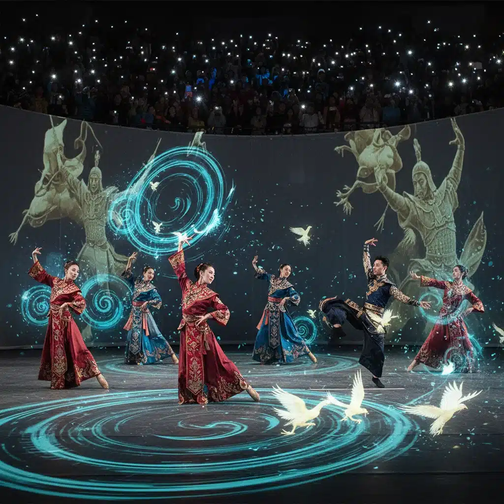 Performance scénique combinant danse traditionnelle et projections de réalité augmentée, montrant l'innovation dans les arts vivants.