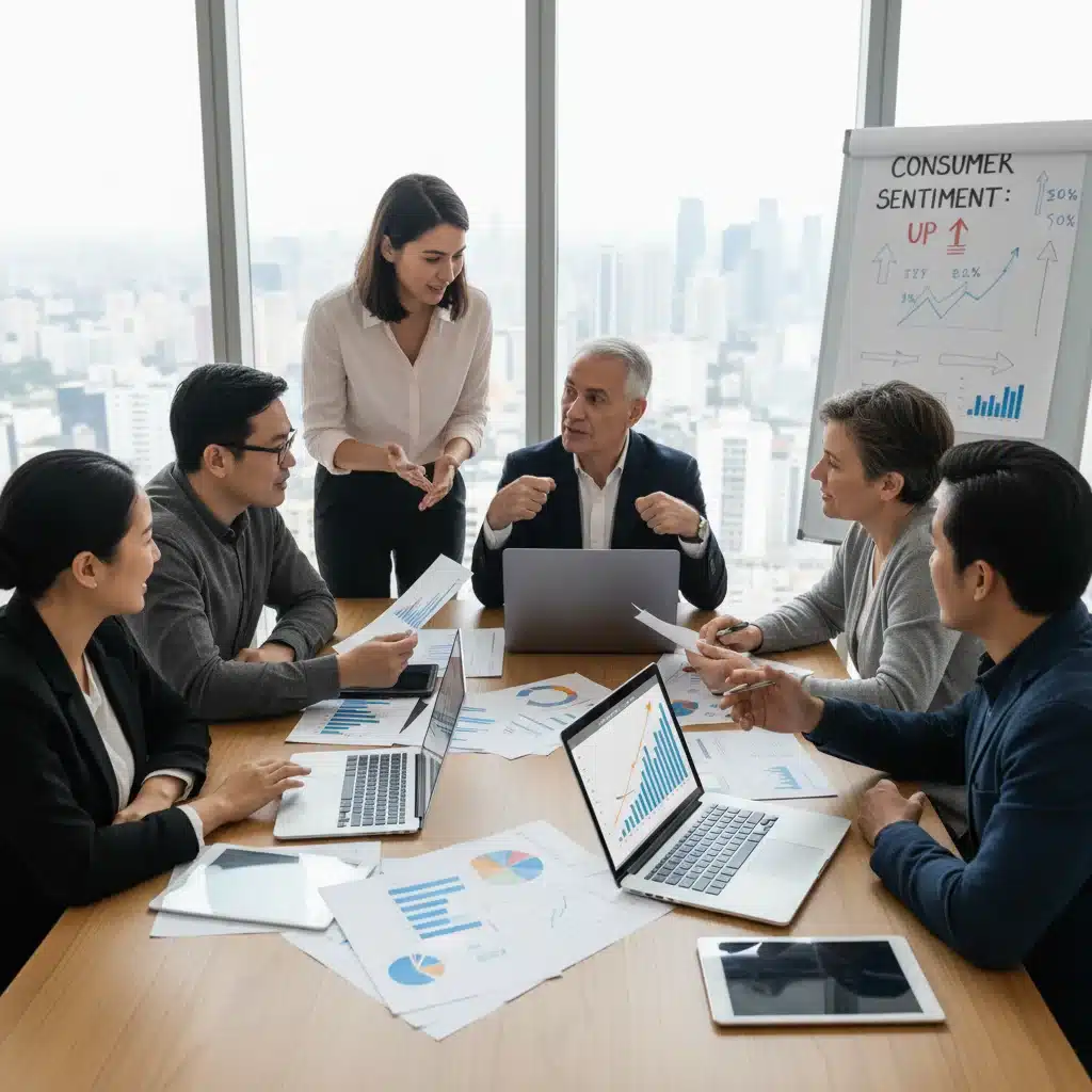 Groupe de personnes discutant de prévisions économiques et de planification financière, reflétant l'impact de la confiance des consommateurs.