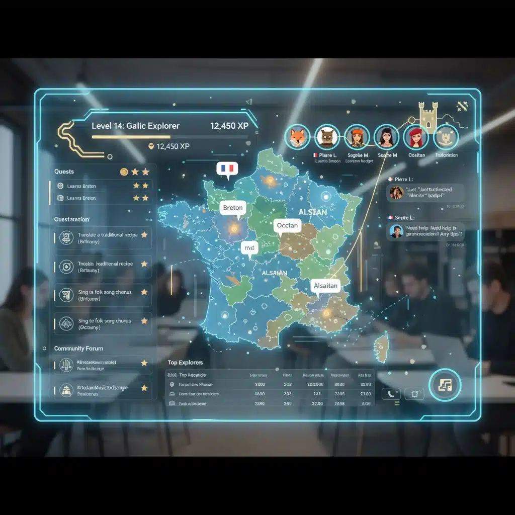 Interface d'une plateforme numérique interactive dédiée à l'apprentissage des langues régionales, avec des jeux et des fonctionnalités de communauté en ligne.
