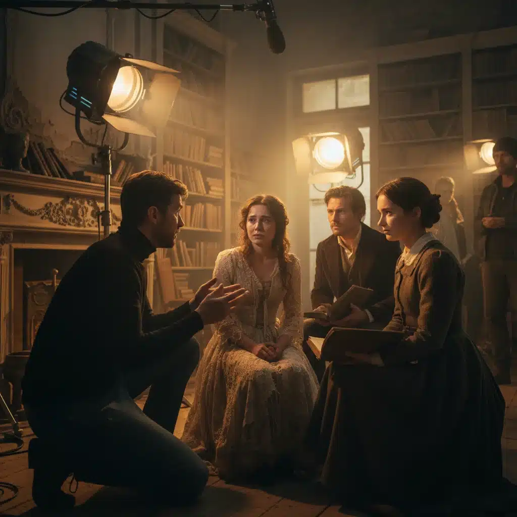 Réalisateur discutant avec des acteurs sur un plateau de tournage, illustrant la collaboration artistique et la profondeur narrative.