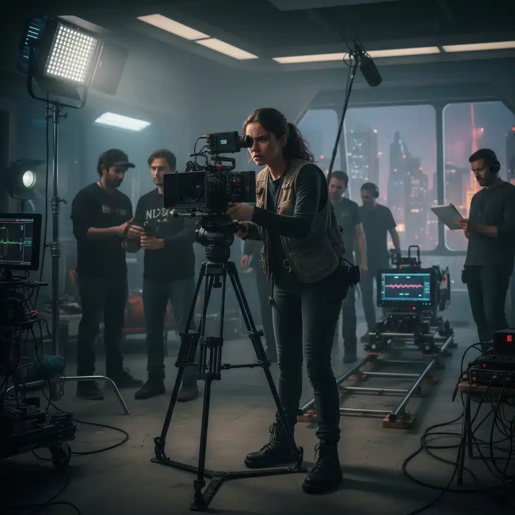 Jeune réalisatrice concentrée derrière une caméra sur un plateau de tournage, incarnant la nouvelle génération de talents du cinéma français.