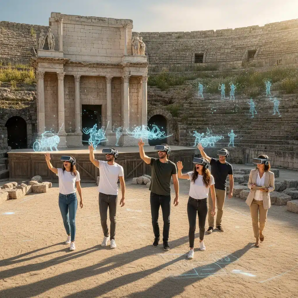 Visiteurs explorant un amphithéâtre romain français avec des casques de réalité virtuelle, vivant une expérience immersive et interactive du passé.