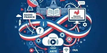 Illustration conceptuelle de la réforme audiovisuelle publique française en 2026, montrant des symboles médiatiques entrelacés avec des éléments politiques.