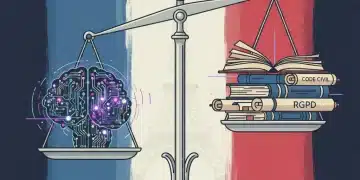 Régulation IA France 2026 : Analyse des 4 Propositions Législatives en Débat Illustration conceptuelle de la régulation de l'IA en France, avec une balance équilibrant innovation et législation.