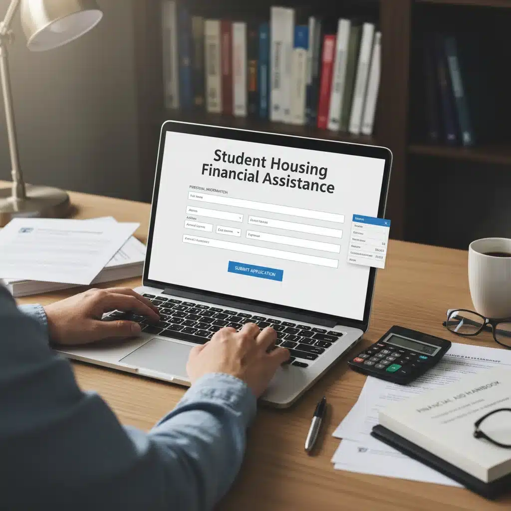 Main remplissant un formulaire de demande d'aide au logement étudiant en ligne sur un ordinateur portable, avec des documents à côté.