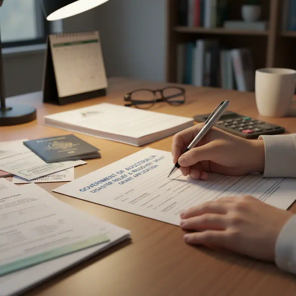 Mains remplissant un formulaire de demande d'aide gouvernementale, avec des documents et un stylo sur un bureau, illustrant les démarches administratives.