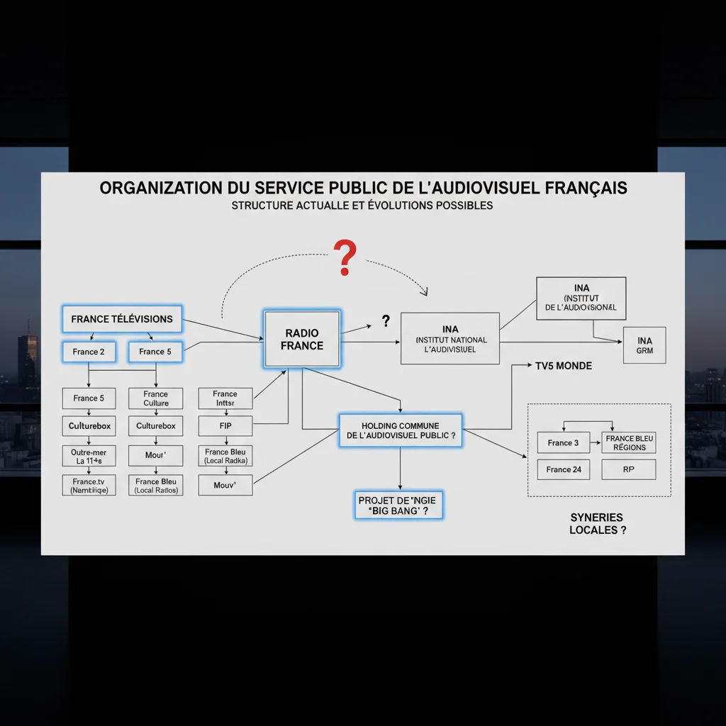Organigramme complexe des entités de l'audiovisuel public français, avec des flèches et des interrogations symbolisant une réorganisation potentielle.