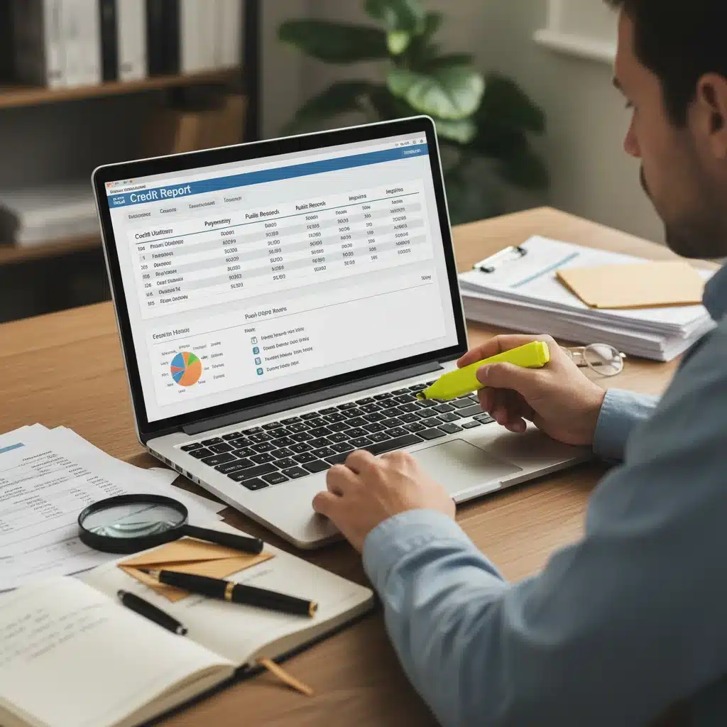 Individual analyzing a detailed credit report on a laptop for errors and areas of improvement.