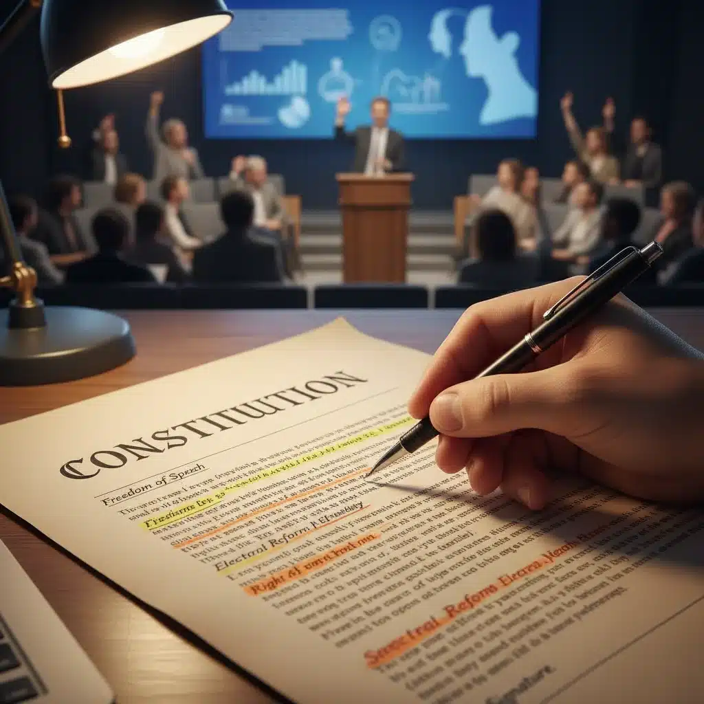 Main tenant un stylo sur un document constitutionnel, symbolisant la révision légale et le débat public.