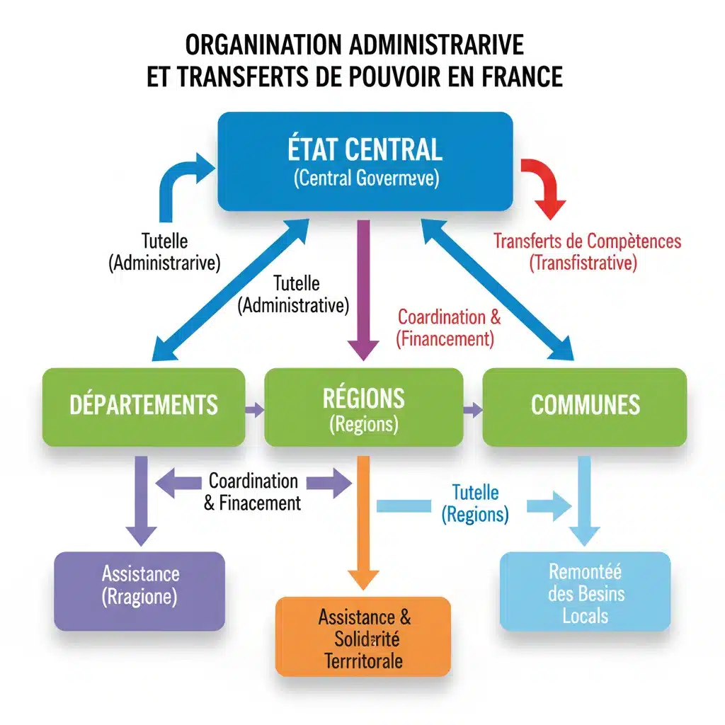 Schéma complexe des transferts de compétences entre les niveaux de collectivités territoriales en France.