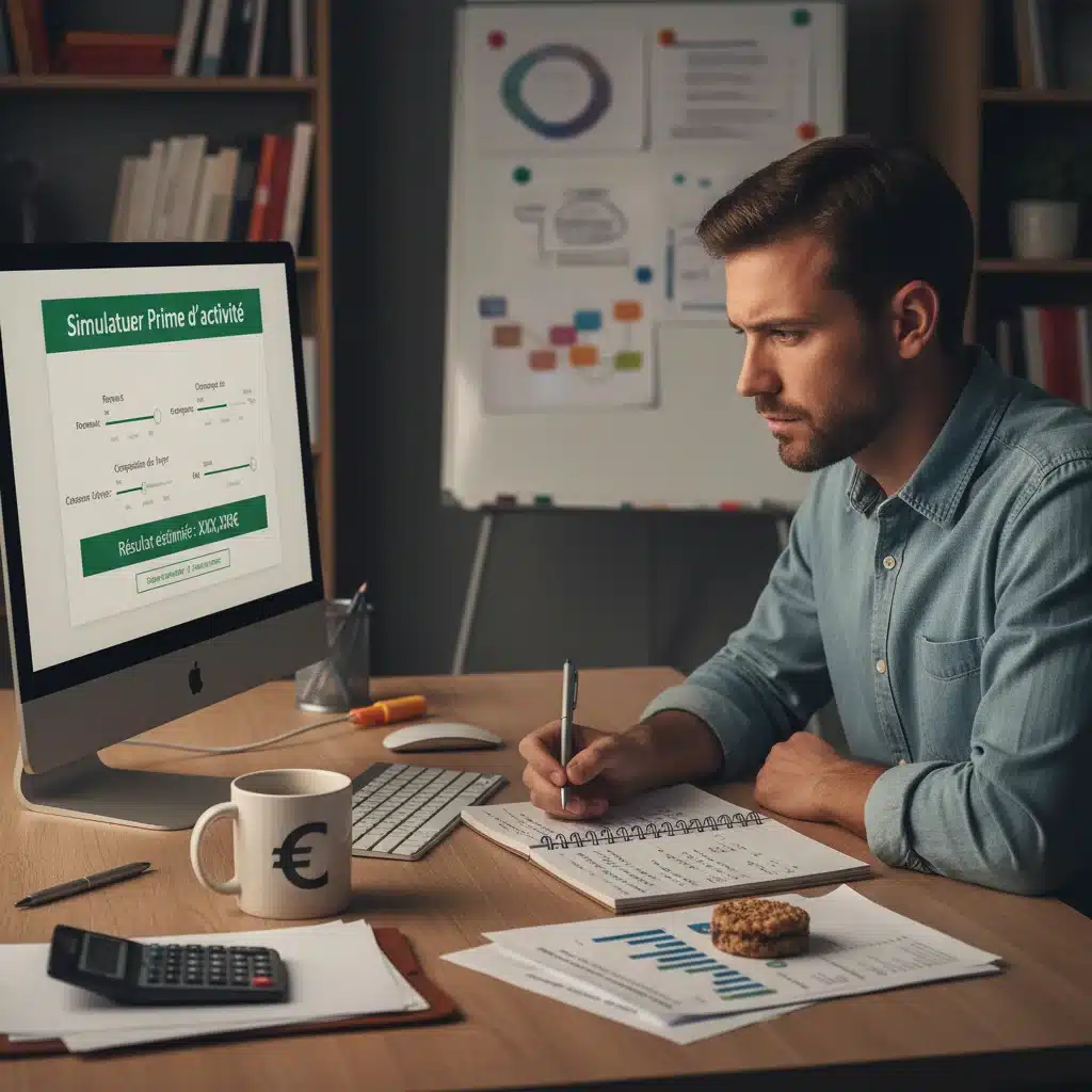 Personne concentrée devant un écran d'ordinateur affichant une simulation de Prime d'activité, planifiant et maximisant ses droits.