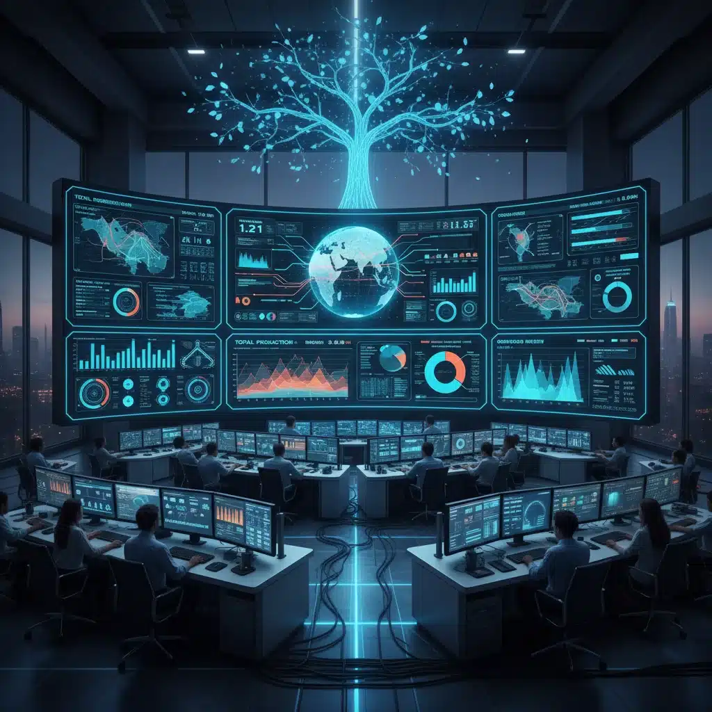 Salle de contrôle d'un réseau électrique intelligent, illustrant la gestion complexe de l'énergie.
