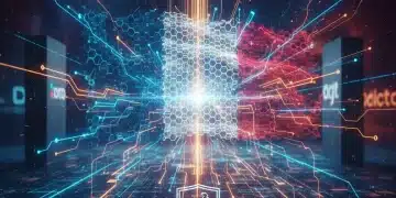 Illustration de la souveraineté numérique française avec un drapeau stylisé au sein d'un réseau de données sécurisé, représentant le contrôle et l'indépendance technologique.