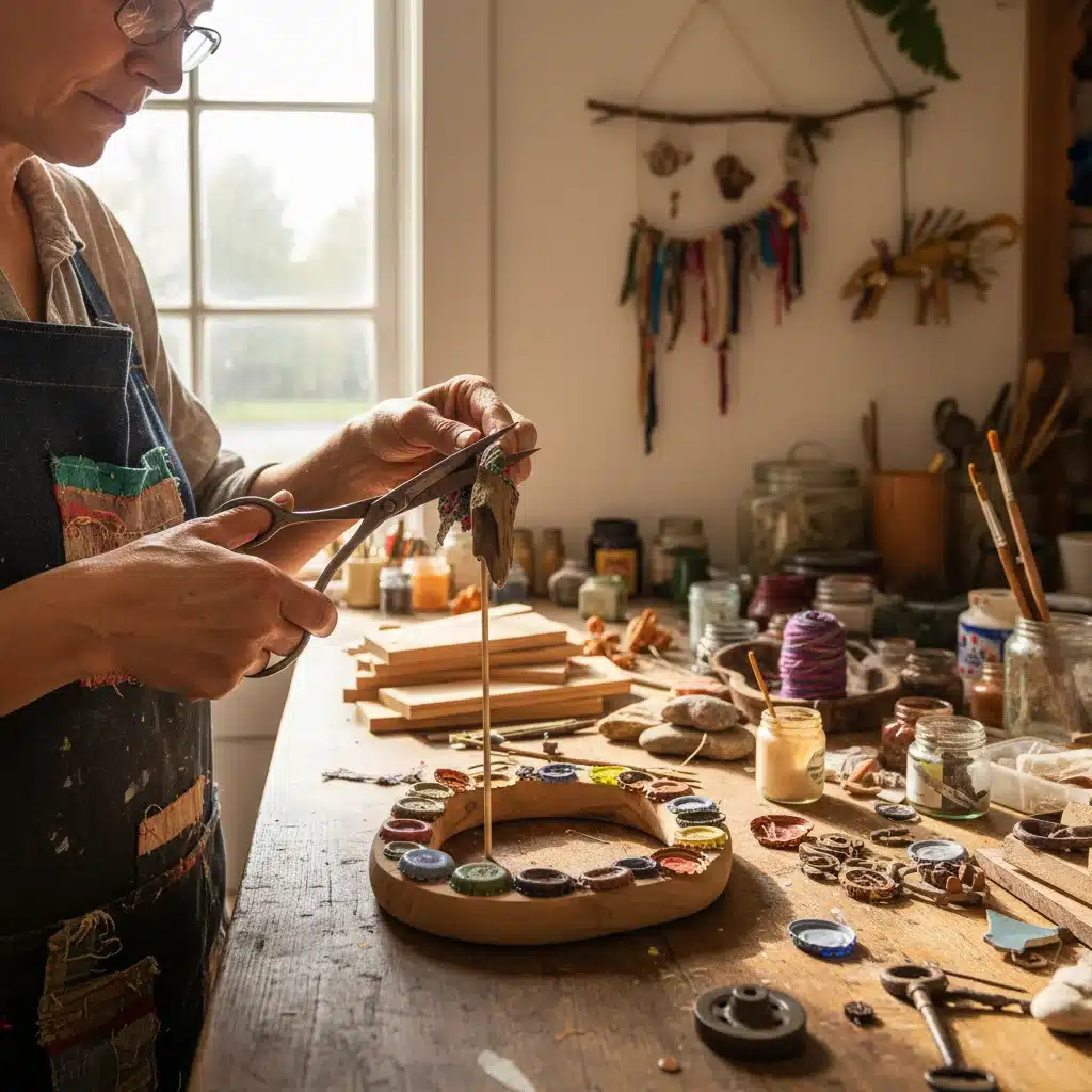 Folk artist creating sustainable art with recycled and reclaimed materials