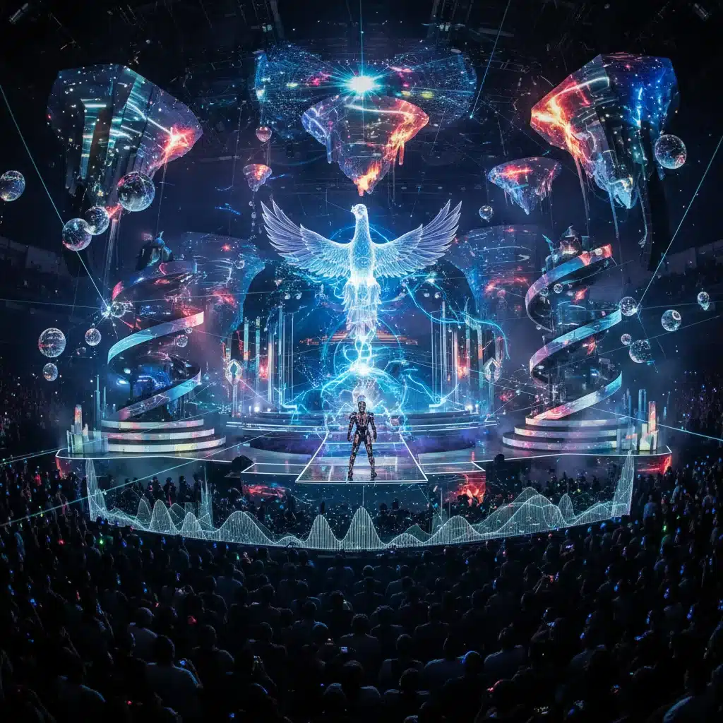 Scène complexe intégrant mapping vidéo, réalité augmentée et son spatialisé pour une performance immersive innovante.