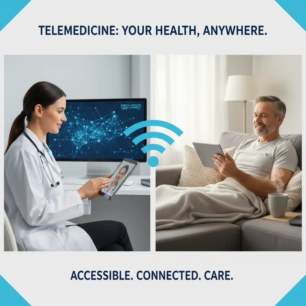 Médecin consultant un patient à distance via la télémédecine, illustrant l'accès numérique aux soins.
