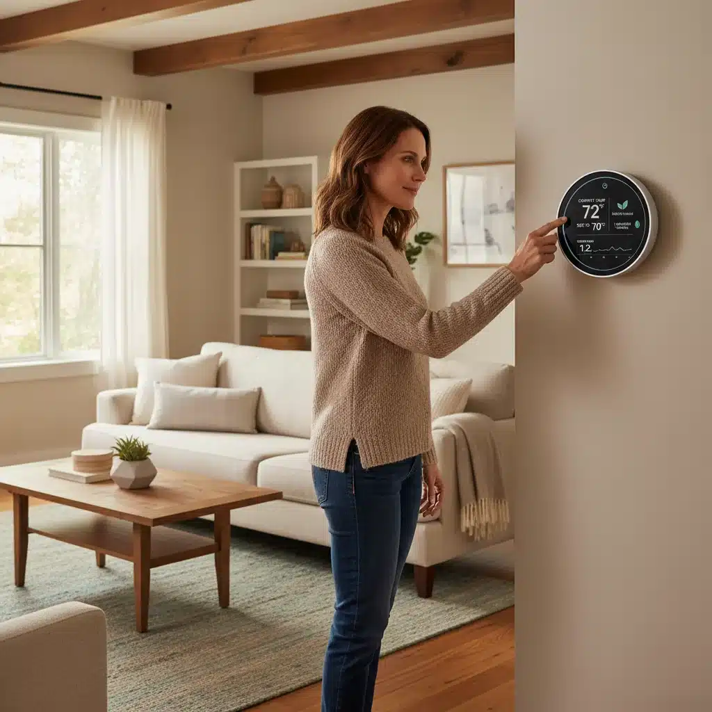 Propriétaire ajustant un thermostat intelligent affichant la consommation d'énergie en temps réel.