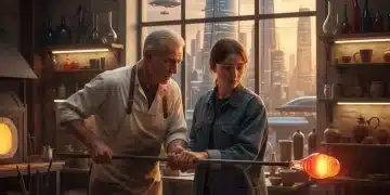 Maître artisan français transmettant son savoir-faire à un jeune apprenti en 2026, symbolisant l'avenir de l'artisanat.
