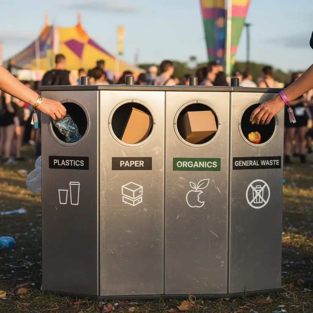 Poubelles de tri sélectif clairement identifiées dans un festival, illustrant l'engagement des participants envers la gestion des déchets.