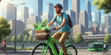 Personne souriante sur un vélo électrique urbain, avec des bâtiments en arrière-plan, symbolisant la mobilité durable et les aides à l'achat.