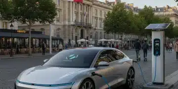 Voiture électrique en charge, symbole des subventions gouvernementales pour la mobilité verte en France.