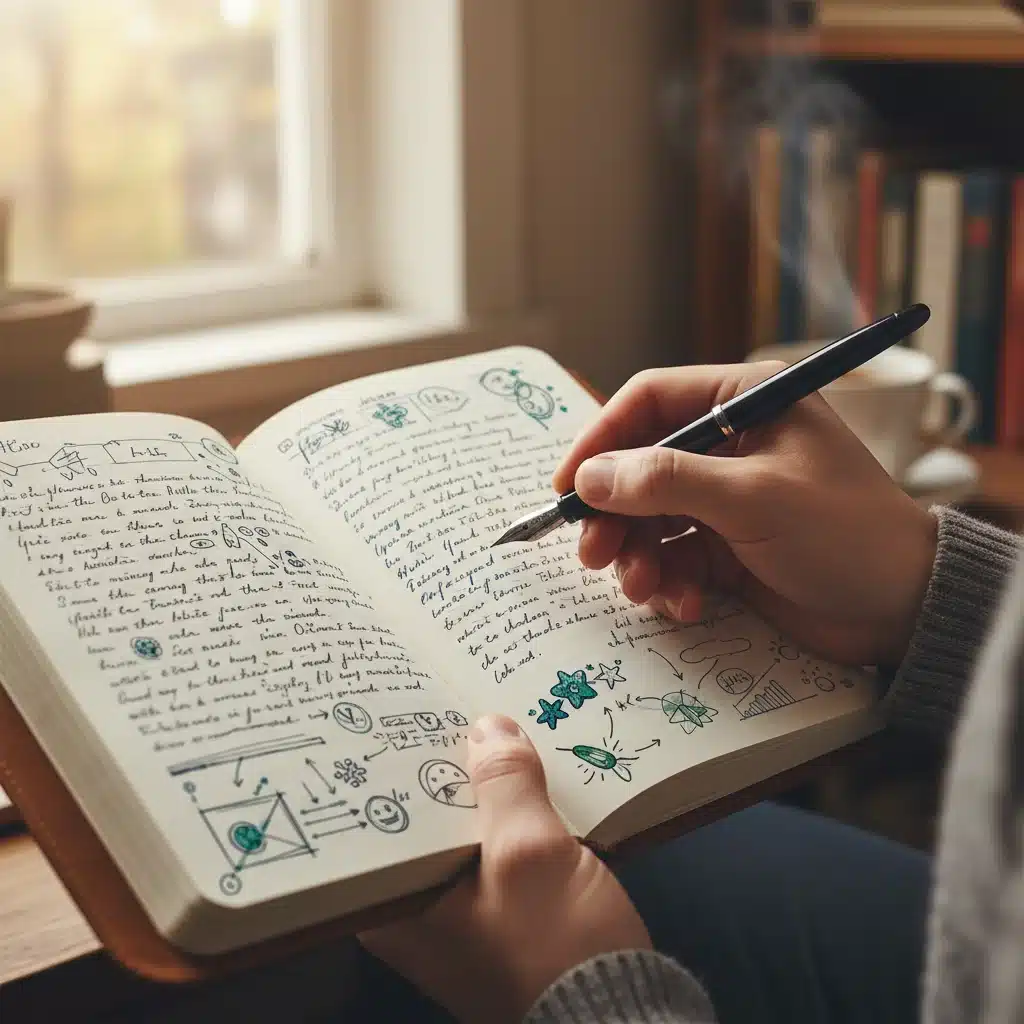 Person actively writing in a journal, expressing thoughts and feelings for self-reflection.