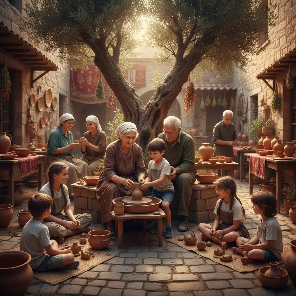 Famille multi-générationnelle participant à une activité artisanale traditionnelle, illustrant l'apprentissage intergénérationnel.