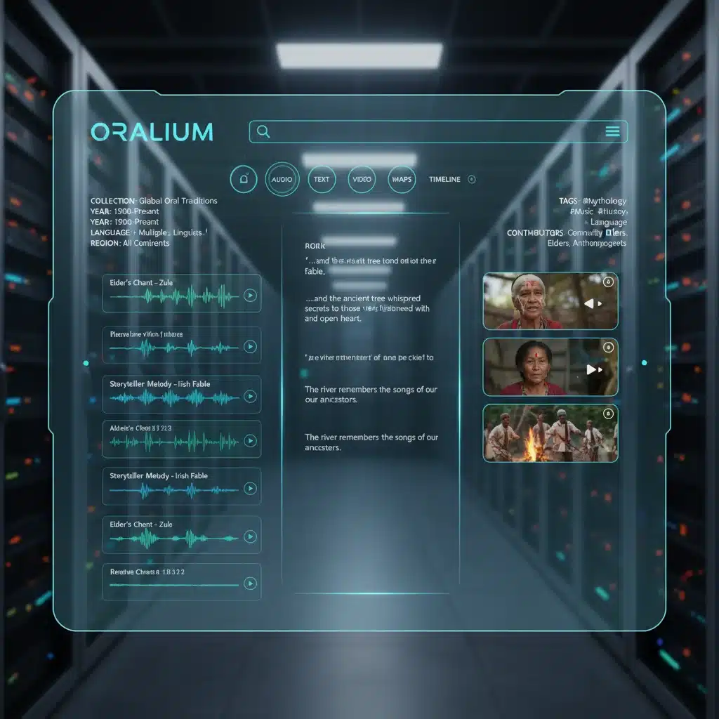 Interface d'archives numériques présentant des traditions orales numérisées, soulignant la technologie de préservation.