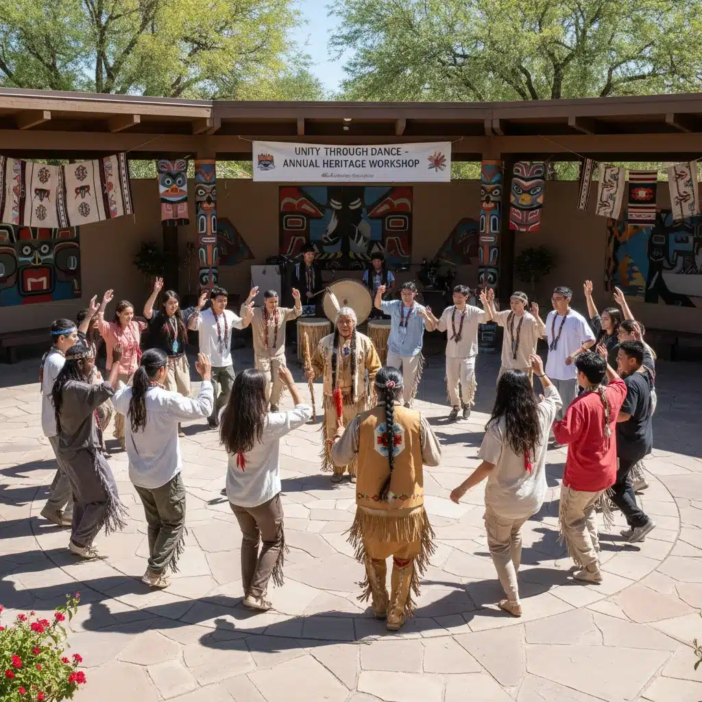 Jeunes adultes de diverses ethnies participant à un atelier de danse amérindienne traditionnelle, guidés par un aîné.