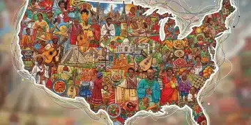 Collage vibrant de cultures mondiales au sein des États-Unis, symbolisant la diversité et l'unité des traditions.