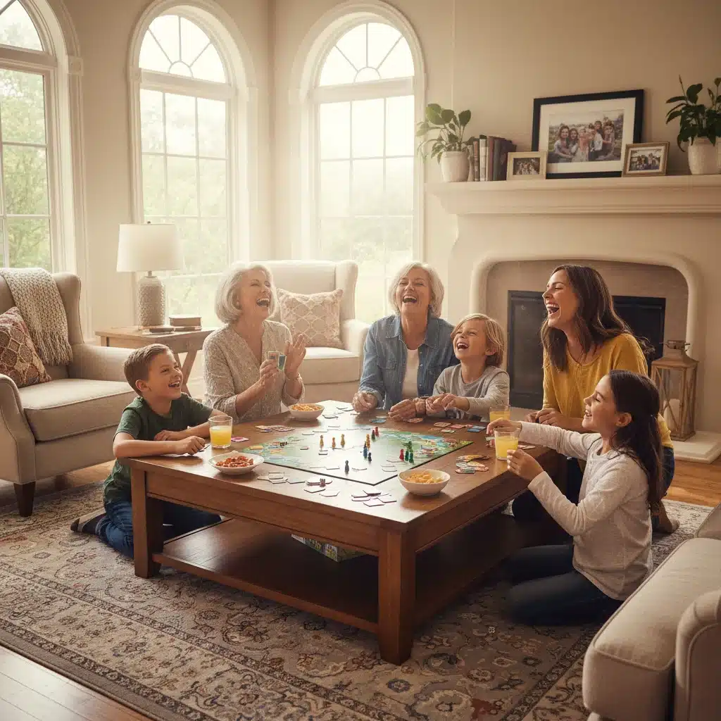 Famille jouant à un jeu de société, riant ensemble, illustrant le temps de qualité en famille.
