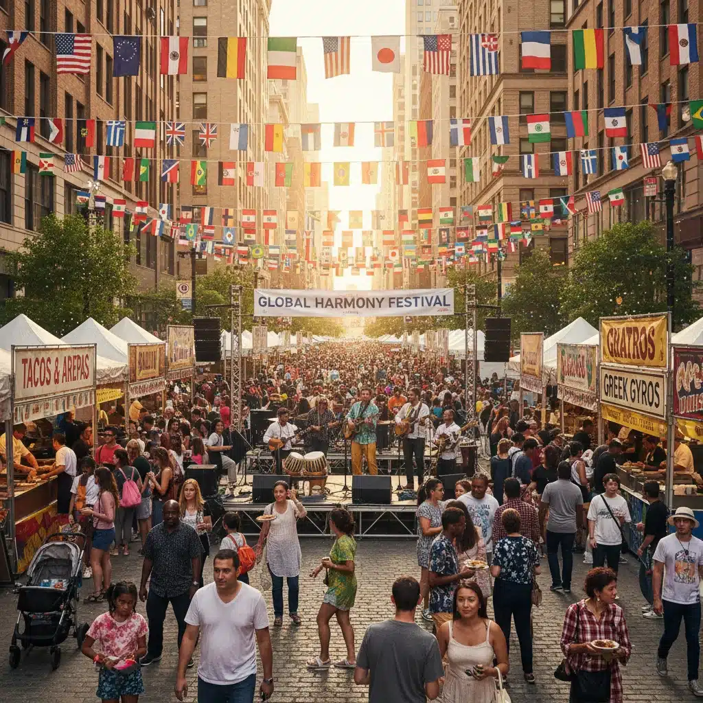 Festival de rue animé dans une ville américaine, avec stands de cuisine internationale, musiciens et drapeaux divers.